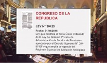 Hoy fue publicada la ‪‎Ley 30425‬, que aprueba retiro del 95.5% del fondo AFP