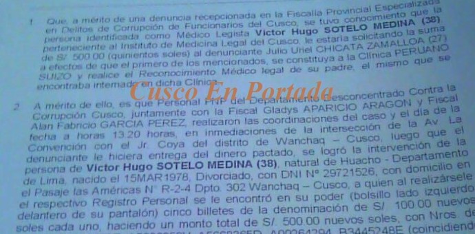 Cusco: Capturan a médico legista tras cobrar una coima de 500 soles