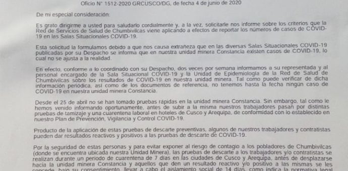Hudbay pide transparencia sobre los casos confirmados de Covid -19 en Chumbivilcas