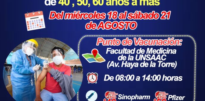 Del 18 al 21 de agosto se realizará la vacunación de rezagados en la provincia del Cusco